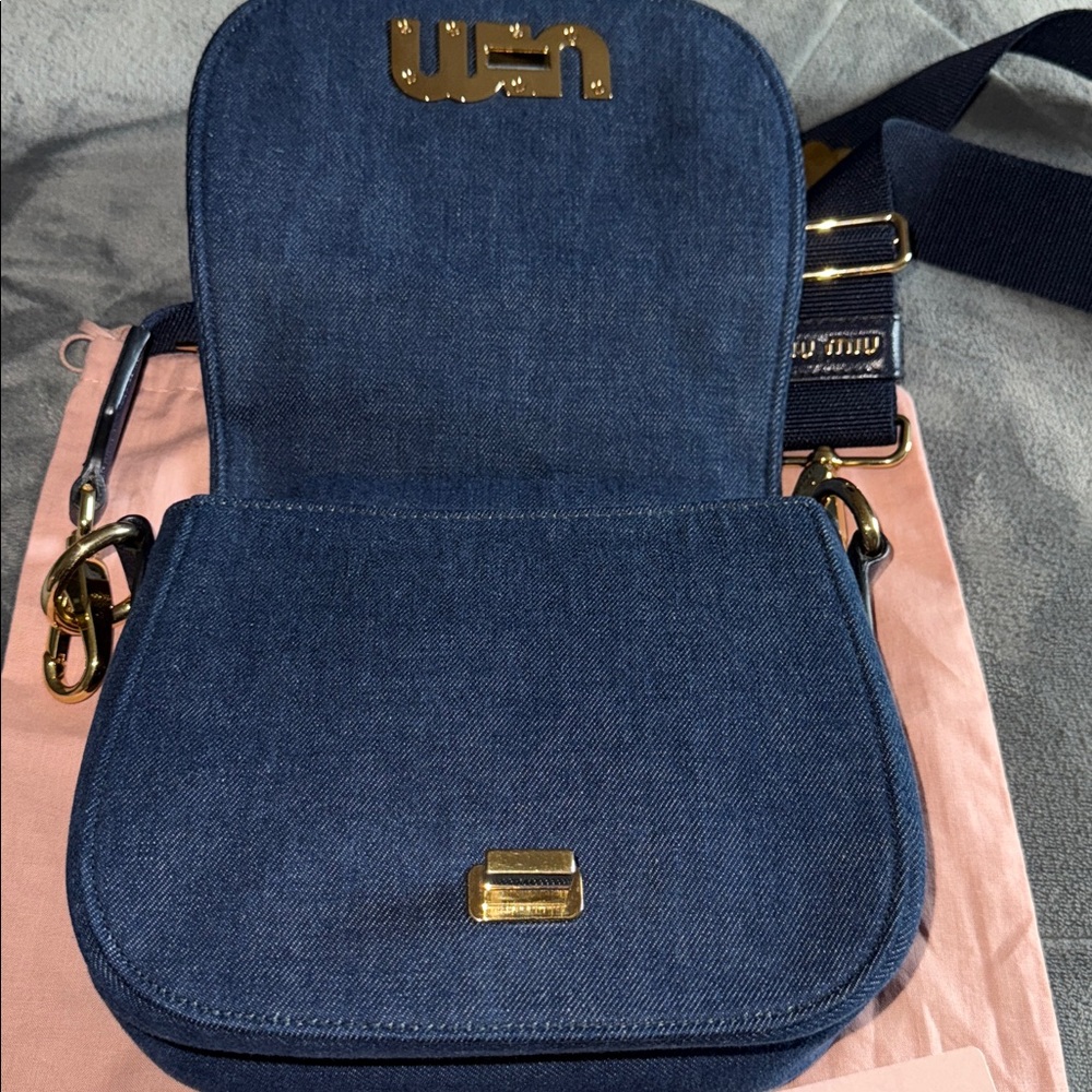 Miu Miu logo Maltalese Denim Blue Quilted Crossbody Bag gold hardware dust bag - Picture 7 of 15
